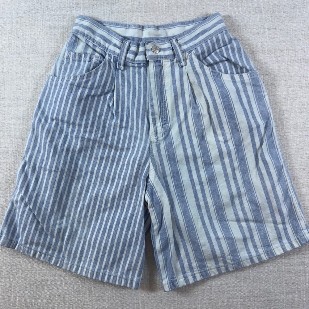 Vintage Lee High Waisted Striped Denim Shorts Blue White Pleated Front 25 Waist